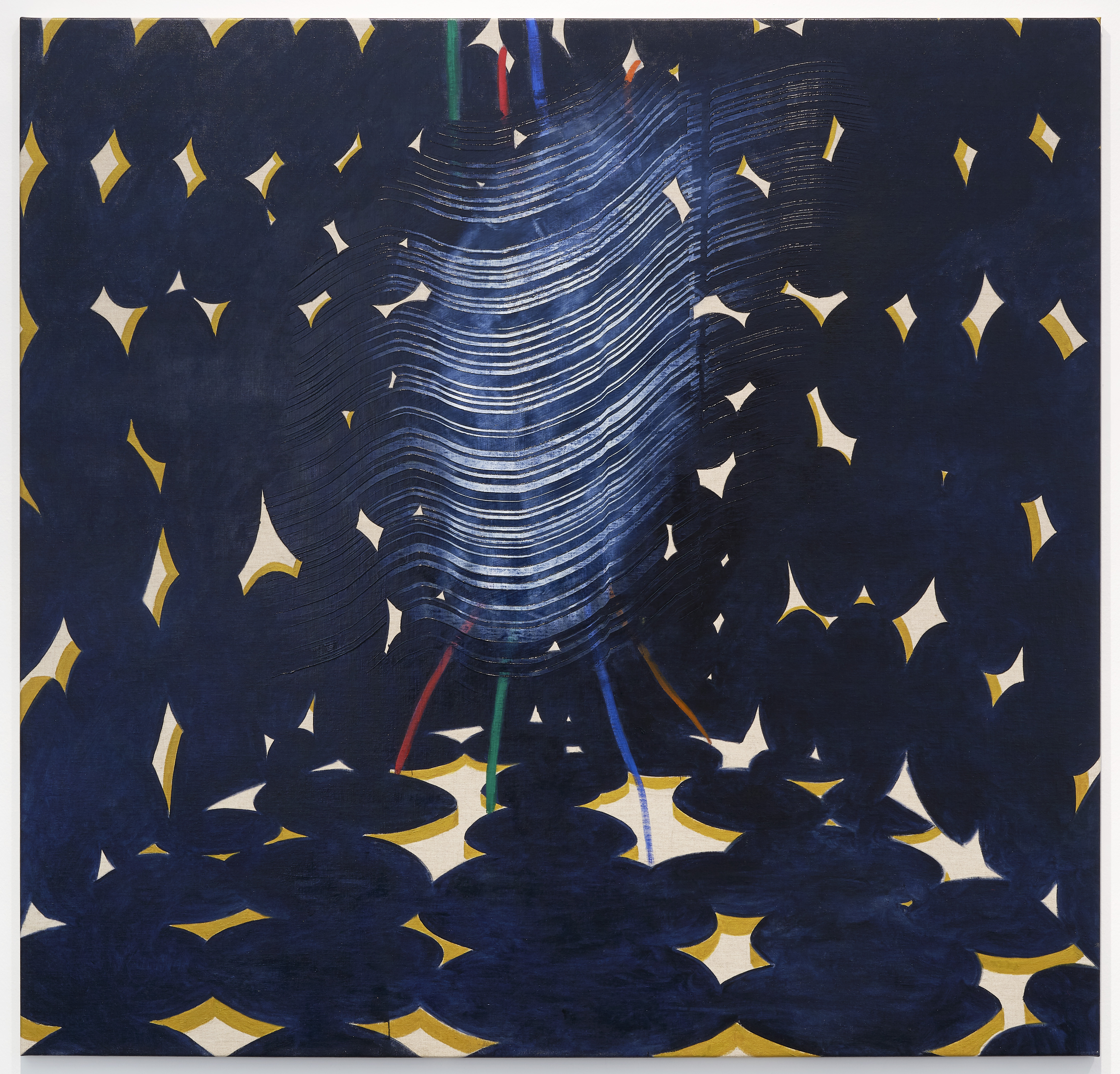 Qualia — combed figure over a deep-blue diamond field