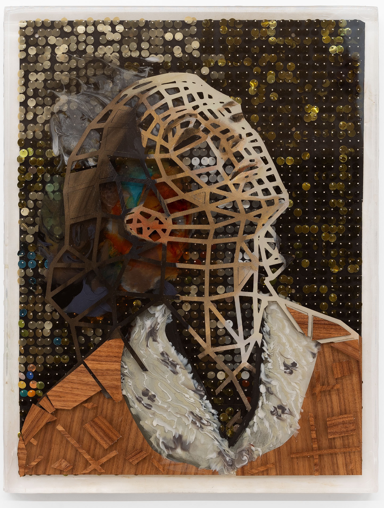 Who, 2024 — latticed head over a sequined ground